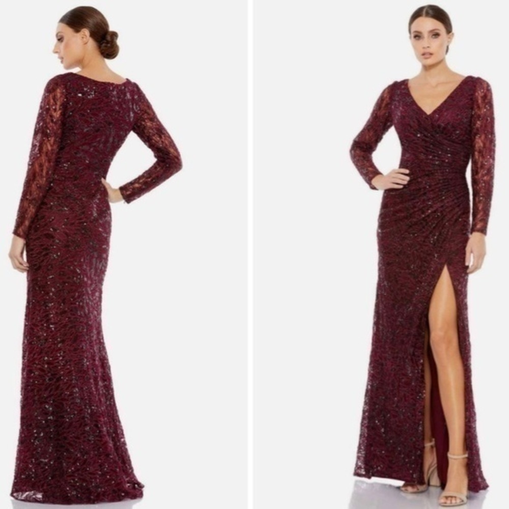 Mac Duggal V-neck Long Sleeve Sequined Lace High Slit Gown in Garnet Size 14 - Picture 4 of 7